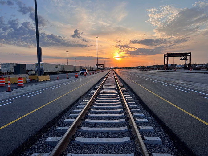 Sunset over the west ramp at Cicero Intermodal Facility Sunset over the west ramp at Cicero Intermodal Facility